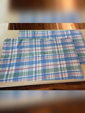 Vintage Stevens Plaid Cotton Pillowcase Pair in Blue, Green & Red
